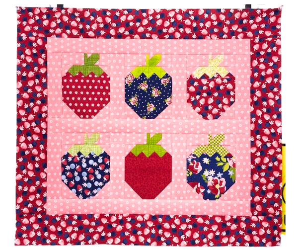 New 2025 Strawberry Social Mini quilt kit featuring Berry Basket fabric collection includes pattern by Pattern Basket