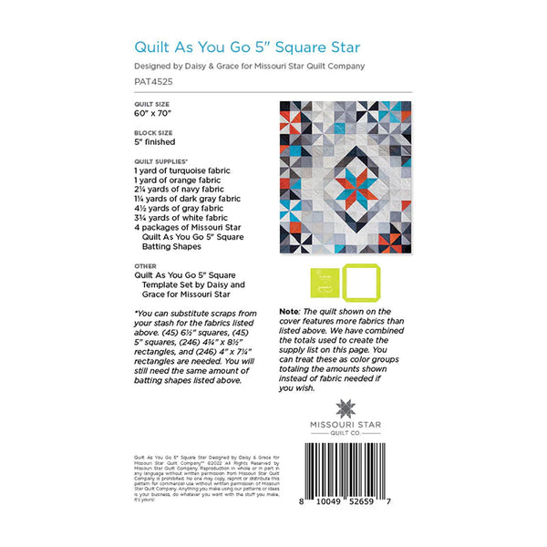 Quilt As You Go 5" Square Star Quilt Pattern by Missouri Star