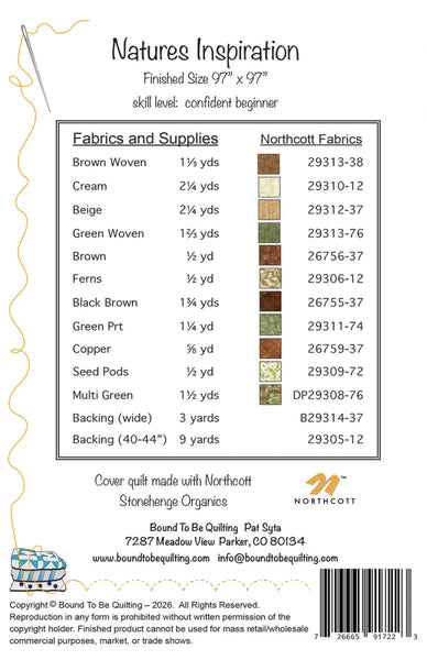 New 2026 Natures Inspiration Quilt pattern from Bound to be Quilting for Northcott Organics