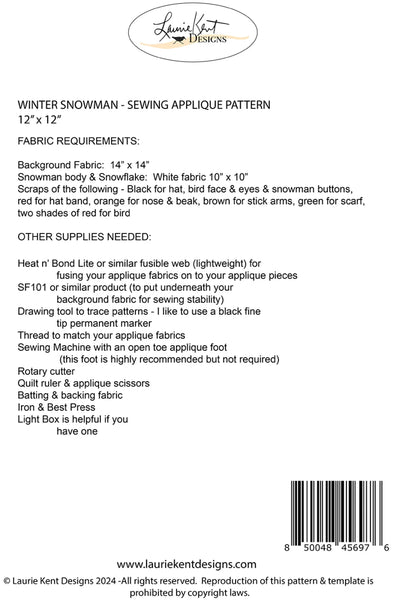New 2025 Winter Snowman Sewing Applique Pattern # LKD-6976