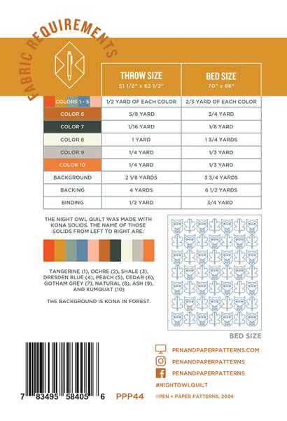 New Night Owl Quilt Pattern # PPP44 by Pen and Paper patterns