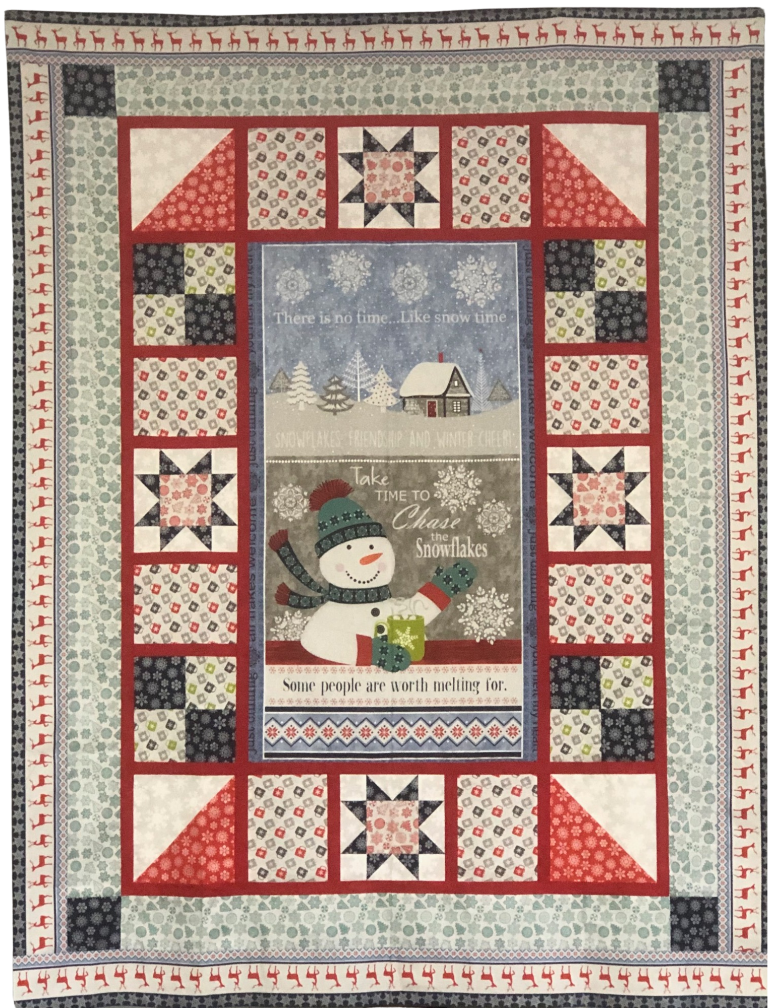 Snow Time Quilt Kit includes optional border stripe fabric