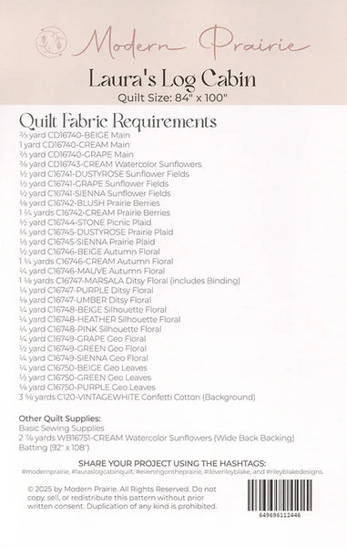 New 2025  Laura's Log Cabin Quilt Pattern Modern Prairie #P207-LOGCABIN