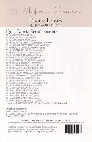 New 2025 Pattern only Prairie Leaves by Modern Prairie and Melissa Gilbert # P207-PRAIRIELEAVES